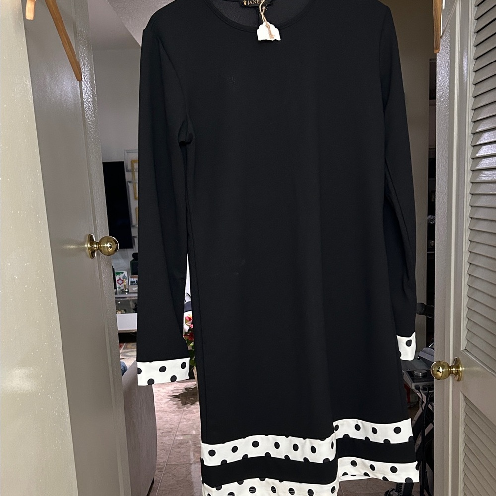 Elegant Black Dress with Polka Dot Trim